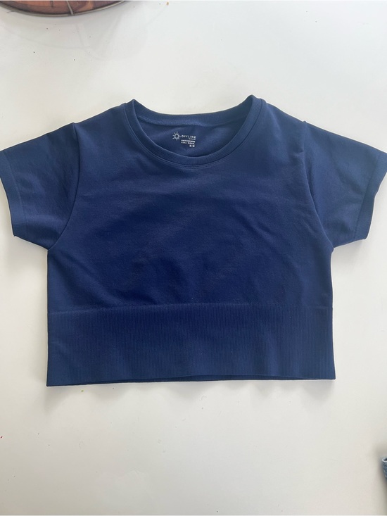Offline Tops - Navy Rib-Hem Cropped Tee - Crewneck Short Sleeve
